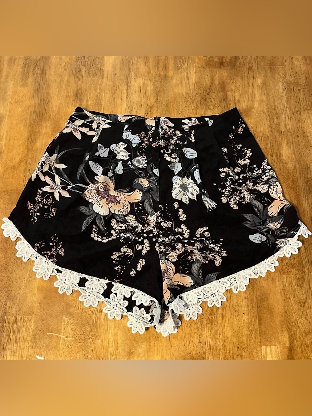 Floral Black Mini Shorts with Lace